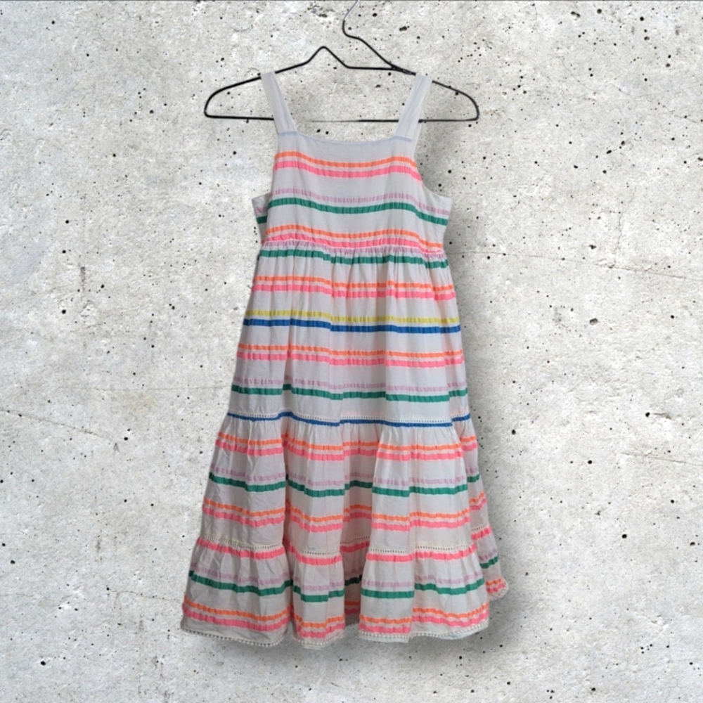 Mini Boden Girl White Rainbow Striped Dress Sleeveless Spring Summer 11/12Y